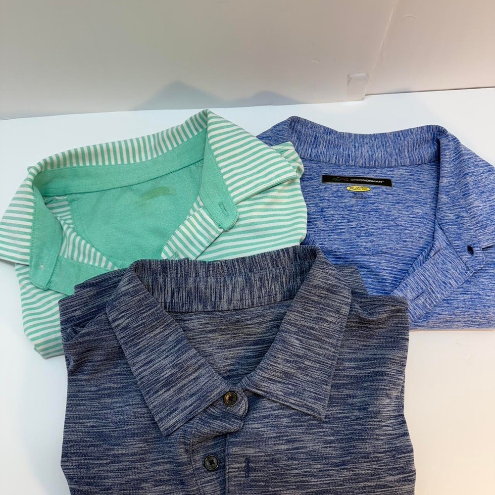 Greg Norman Play Dry Men XL Polo Shirt Set 3 Blue Teal Striped Heathered Golf